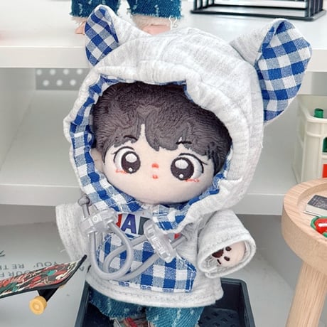 ぬい服　ぬいぐるみ用ギンガムチェック猫耳パーカー【10cm用】【推し活グッズ】