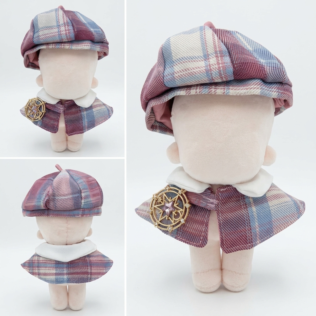 ぬい服　ベレー帽・ニット帽・セーター ぬい服】 チェック型ベレー帽&ポンチョセット 10cm用 | G.triGer