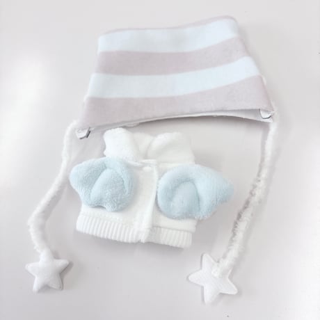 ぬい服　猫耳ニット帽&羽付きスウェットセット　10cm用【推し活グッズ】