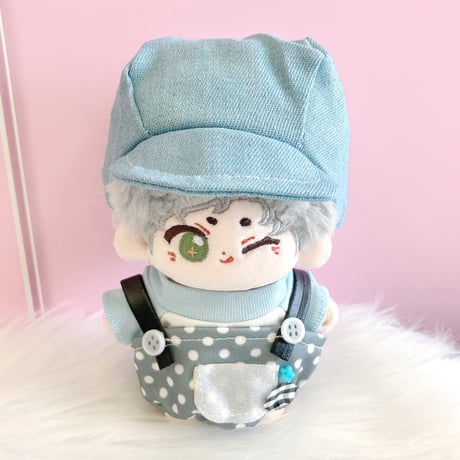 【ぬい服】キャスケット&シャツ&水玉サロペットセット　10cm用