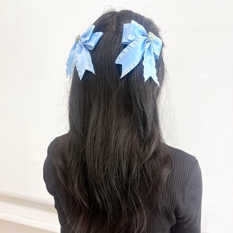 ハートビジュー付きフリルリボンクリップ　2個セット【推し活グッズ・ヘアメ・参戦ヘア・地雷系・量産型】
