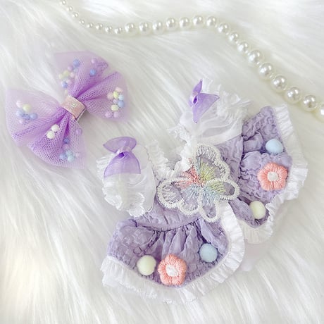 【ぬい服】蝶付きワンピース&リボンクリップセット【10~15cm用】【推し活グッズ】