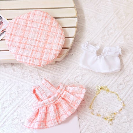 【ぬい服】 ツイードぬい服【10~15cm用】 ワンピース・シャツ・ベレー帽・ネックレス 4点セット【推し活グッズ】