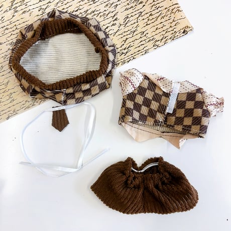 【ぬい服】アーガイル柄ぬい服【帽子&ネクタイ&シャツ&パンツセット】10cm用【推し活グッズ】