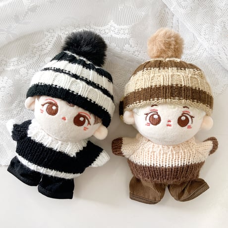 【ぬい服】ボーダーニット帽&セーター&パンツセット　10cmぬいぐるみ用