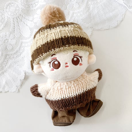 【ぬい服】ボーダーニット帽&セーター&パンツセット　10cmぬいぐるみ用