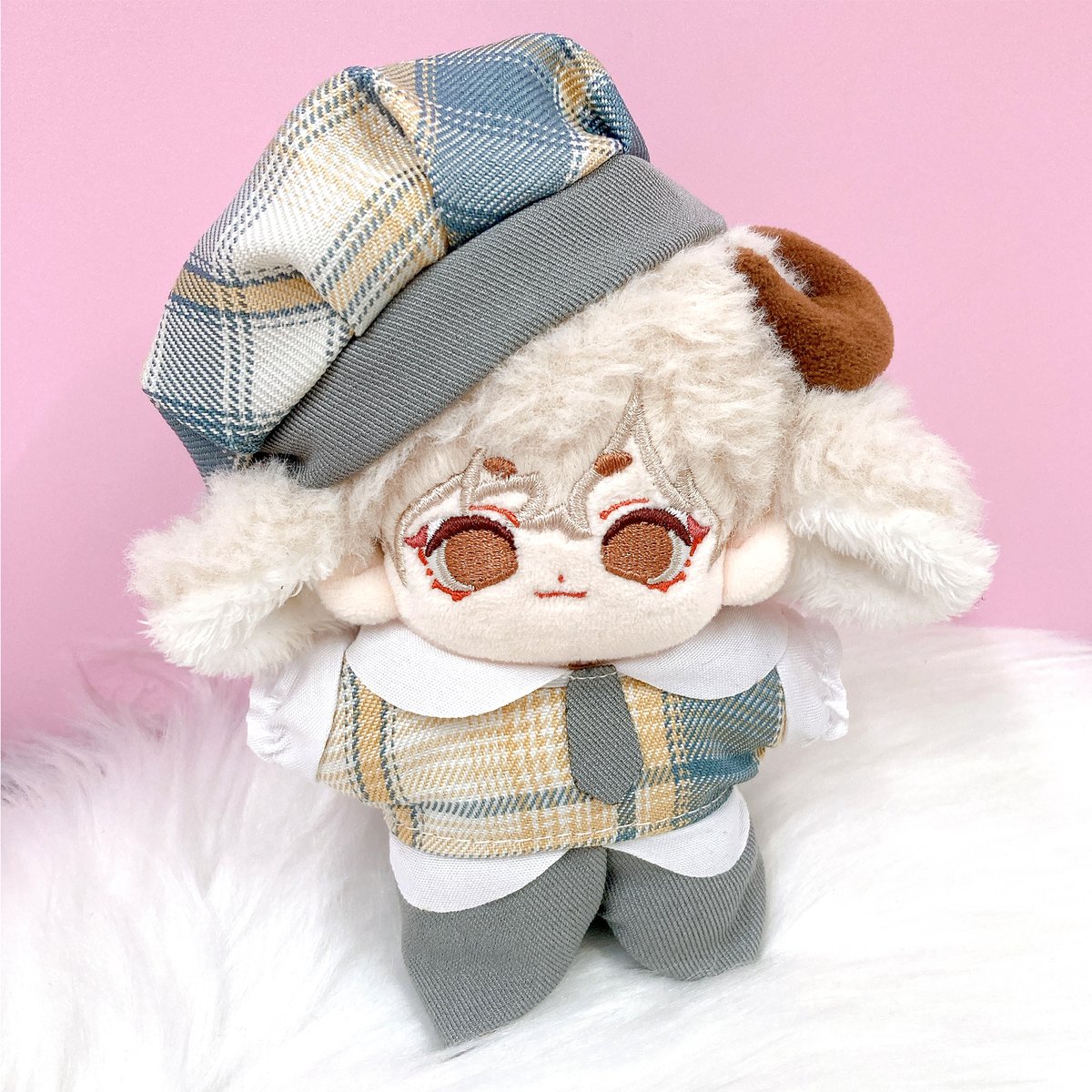 ぬい服】チェック柄ベレー帽&シャツ&パンツ&ネクタイセット 10cm