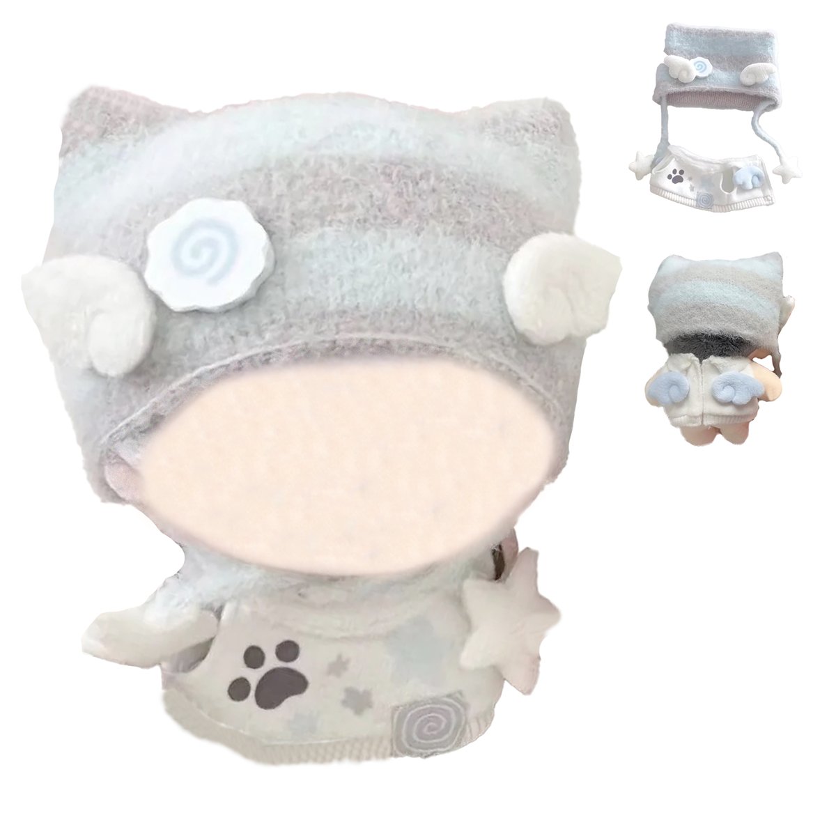ぬい服 猫耳ニット帽&羽付きスウェットセット 10cm用【推し活 ぬい服 猫耳ニット帽&羽付きスウェットセット 10cm用【推し活