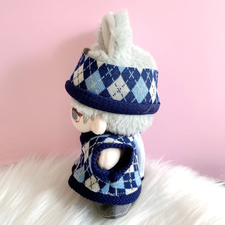 【ぬい服】アーガイル柄セット(ヘッドバンド&ベスト&パンツ)　10cmぬいぐるみ用