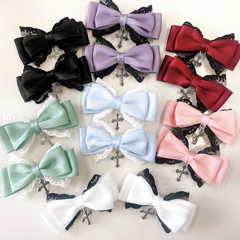 クロスビジュー付きレースリボンクリップ 2個セット【推し活グッズ