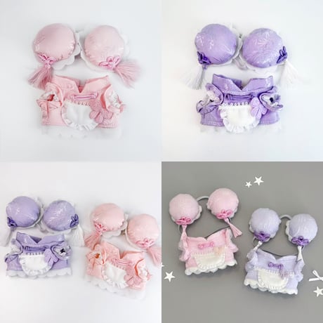 【10cmぬい服】中華風お団子ヘア＆フリルワンピセット（ピンク / パープル）