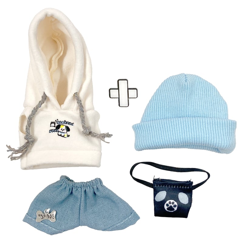 10cm ぬい服 コーディネートセット ニット帽 Tシャツ ボトムス 靴 ぬい服】ストリート・カジュアルぬい服 4点セット[帽子＆シャツ