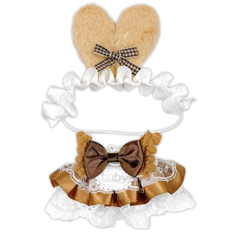 ぬい服】ふわふわ耳付きヘッドドレス&フリルドレスセット 10cm