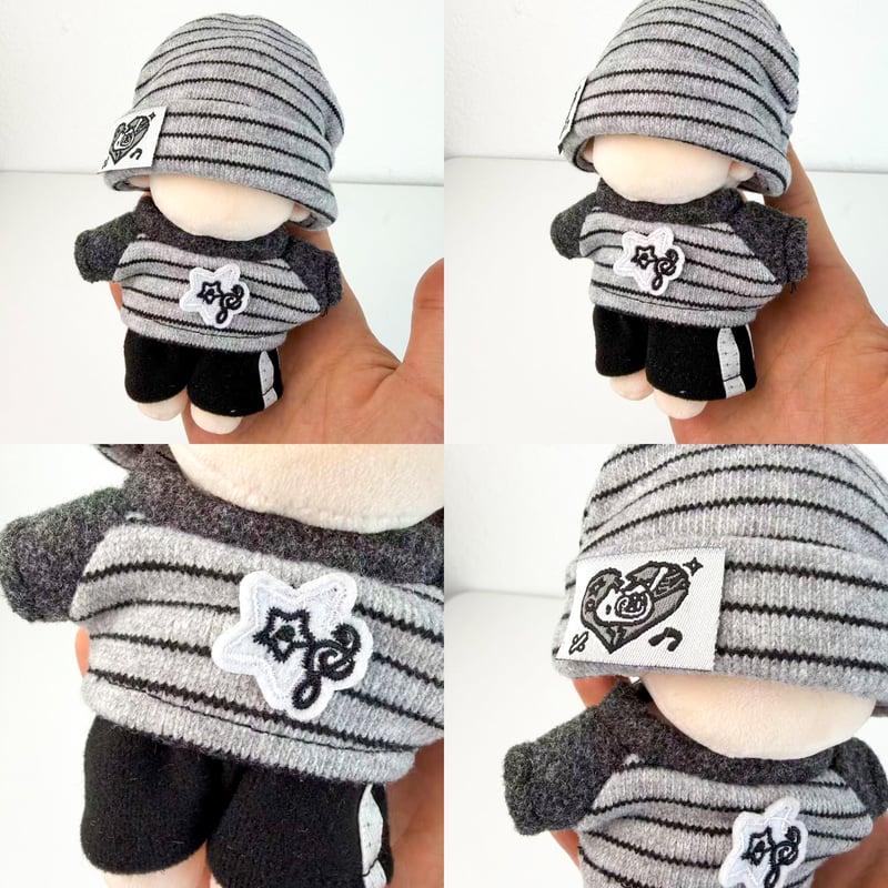 10cmぬい服】スポーティー3点セット グレーボーダー＆ラインパンツ