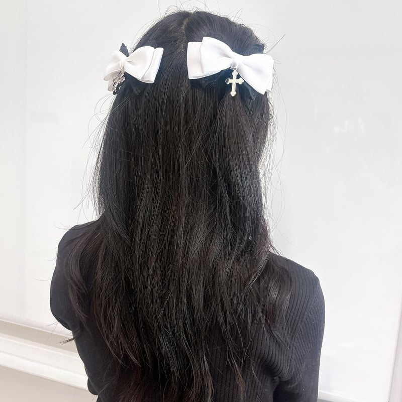 クロスビジュー付きレースリボンクリップ 2個セット【推し活グッズ