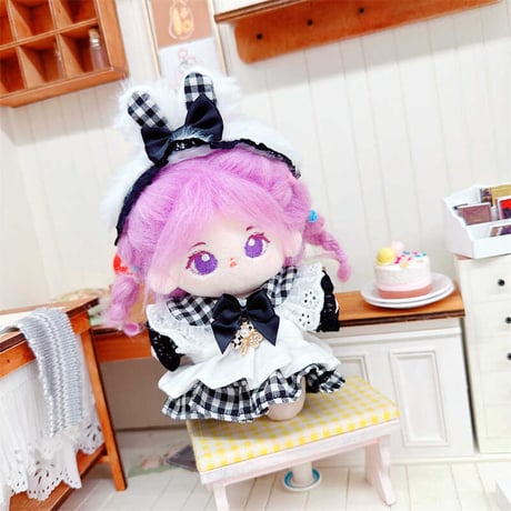 【ぬい服】ぬいぐるみ用ギンガムチェックワンピース&うさ耳ヘッドドレスセット【10~15cm用】【推し活グッズ】