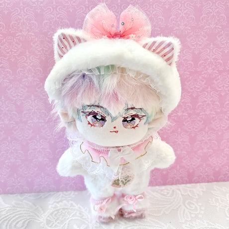 【ぬい服】ぬいぐるみ用ふわふわ猫着ぐるみ 【ヘッドバンド・服・靴セット】【推し活グッズ】20cm用