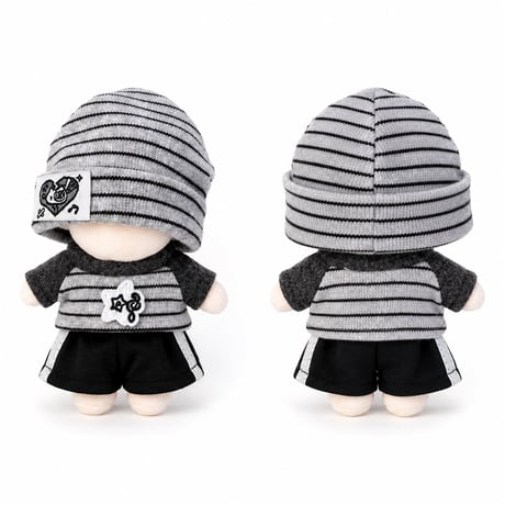 【10cmぬい服】スポーティー3点セット グレーボーダー＆ラインパンツ ニット帽付