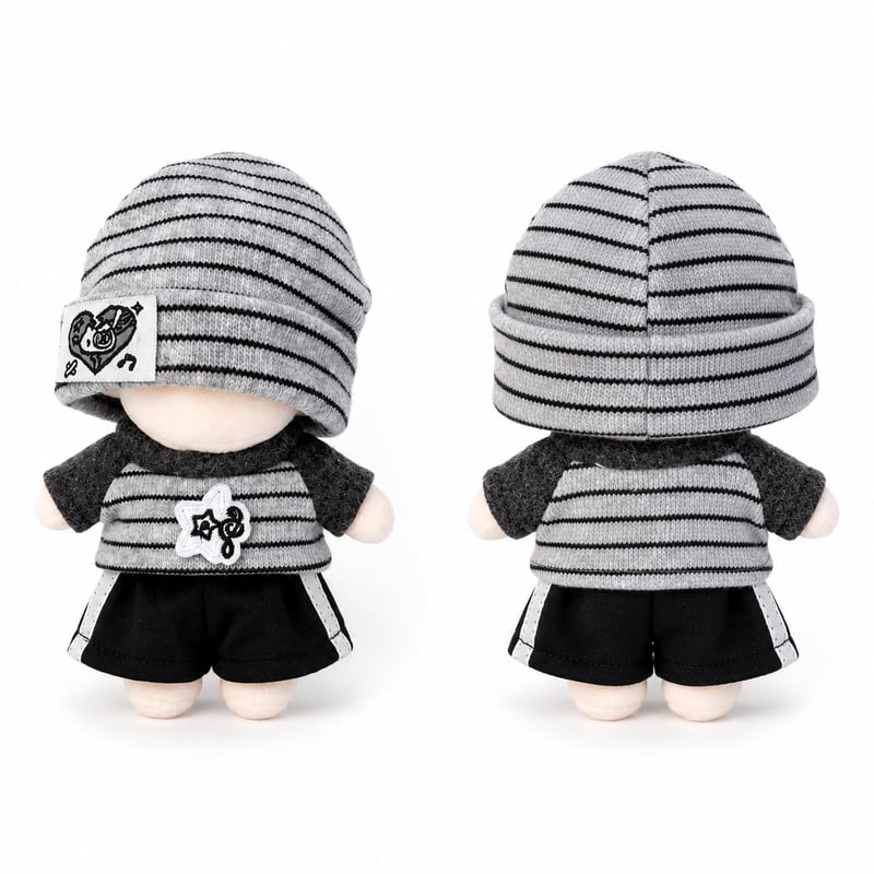 10cmぬい服】スポーティー3点セット グレーボーダー＆ラインパンツ