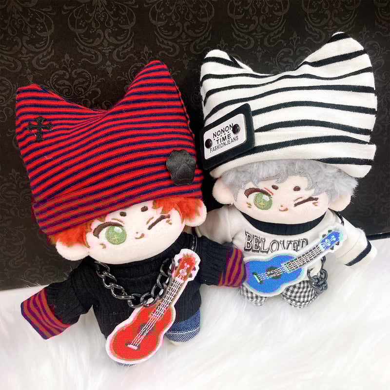 【セミオーダー】ぬい服 猫耳ニット帽＆リボンチョーカー 白キラ折り返し黒リボン］にじぱぺっと ぬい服 ぬい帽子 ネコ耳