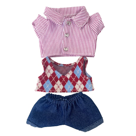 【ぬい服】アーガイルベスト&ストラプシャツ&パンツセット　10cm用