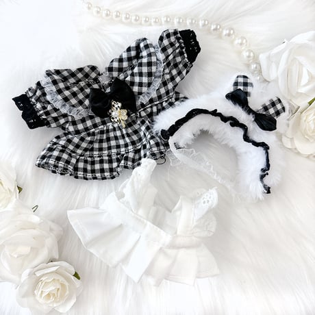 【ぬい服】ぬいぐるみ用ギンガムチェックワンピース&うさ耳ヘッドドレスセット【10~15cm用】【推し活グッズ】