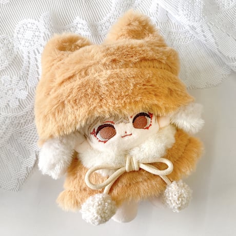 【ぬい服】猫耳ニット帽&ファーポンチョ&マフラーセット　10cmぬいぐるみ用