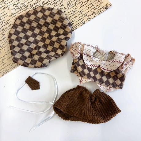 【ぬい服】アーガイル柄ぬい服【帽子&ネクタイ&シャツ&パンツセット】10cm用【推し活グッズ】