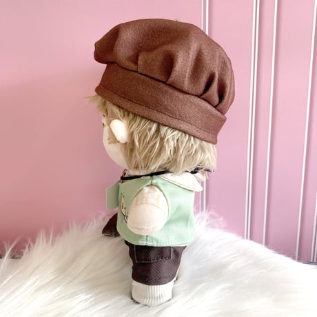 【ぬい服】ベレー帽&シャツ&ベスト&パンツ&ネクタイ&靴&猫型プレート&バッグセット　20cm用