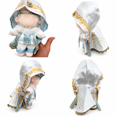 【20cmぬい服】【神聖ファンタジー】先知聖諭・神官風 3点セット｜ 金の十字架刺繍マント＆フリルブラウスセット