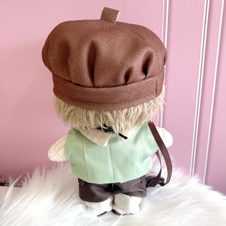 【ぬい服】ベレー帽&シャツ&ベスト&パンツ&ネクタイ&靴&猫型プレート&バッグセット　20cm用