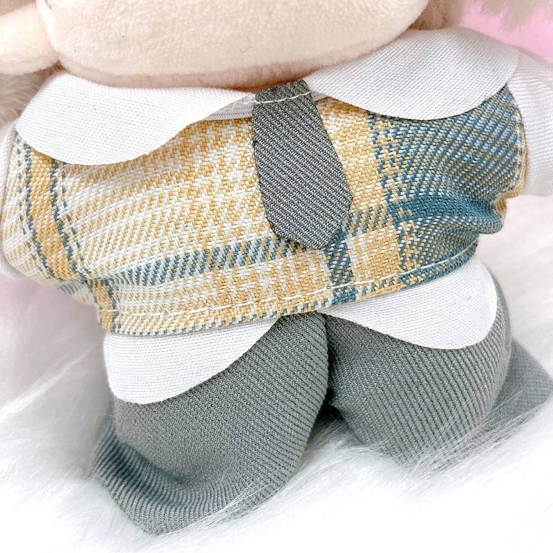 ぬい服】チェック柄ベレー帽&シャツ&パンツ&ネクタイセット 10cm用 | G