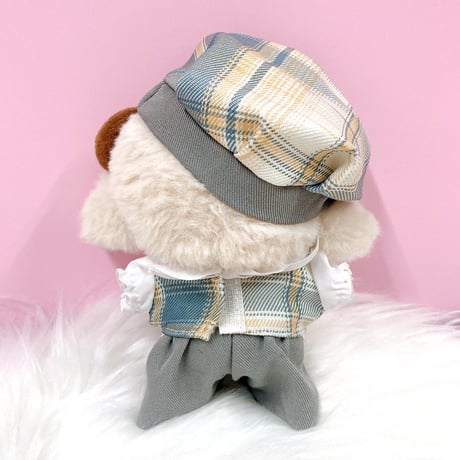【ぬい服】チェック柄ベレー帽&シャツ&パンツ&ネクタイセット　10cm用