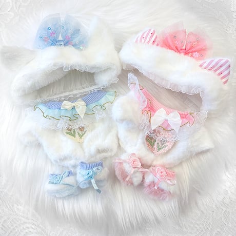【ぬい服】ぬいぐるみ用ふわふわ猫着ぐるみ 【ヘッドバンド・服・靴セット】【推し活グッズ】20cm用