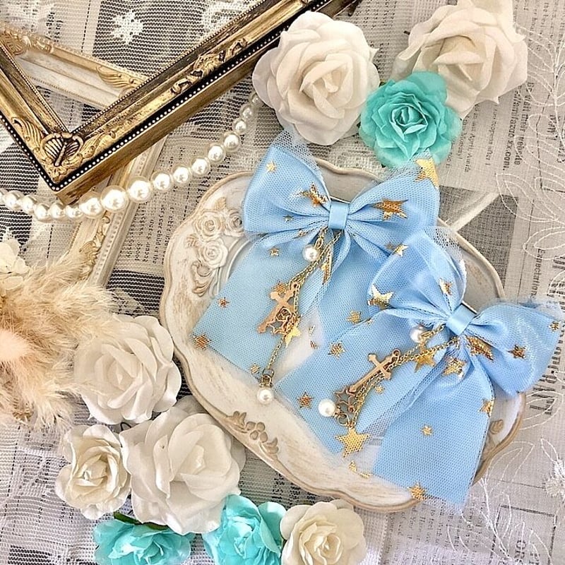 どちらかコメントお願いします！ハンドメイド♡チェックリボンポニークリップ Princess Melody】パールチェーン＆パールハートりぼんクリップ