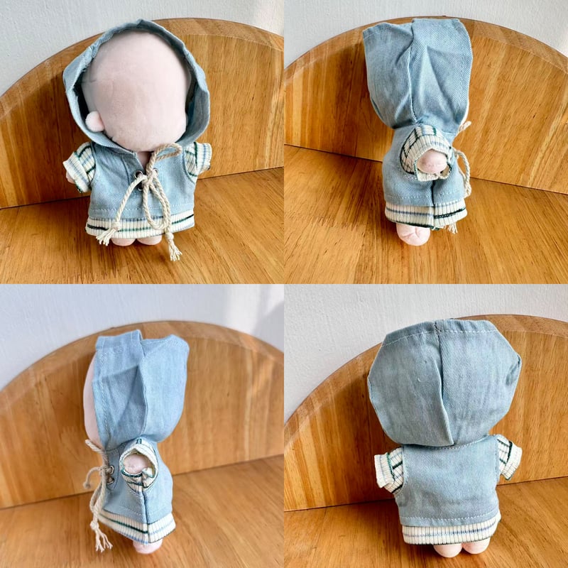ぬい服】 10cmぬいぐるみ用 ライトブルー デニム風 フード付きパーカー