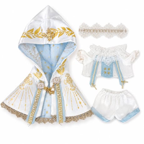 【20cmぬい服】【神聖ファンタジー】先知聖諭・神官風 3点セット｜ 金の十字架刺繍マント＆フリルブラウスセット