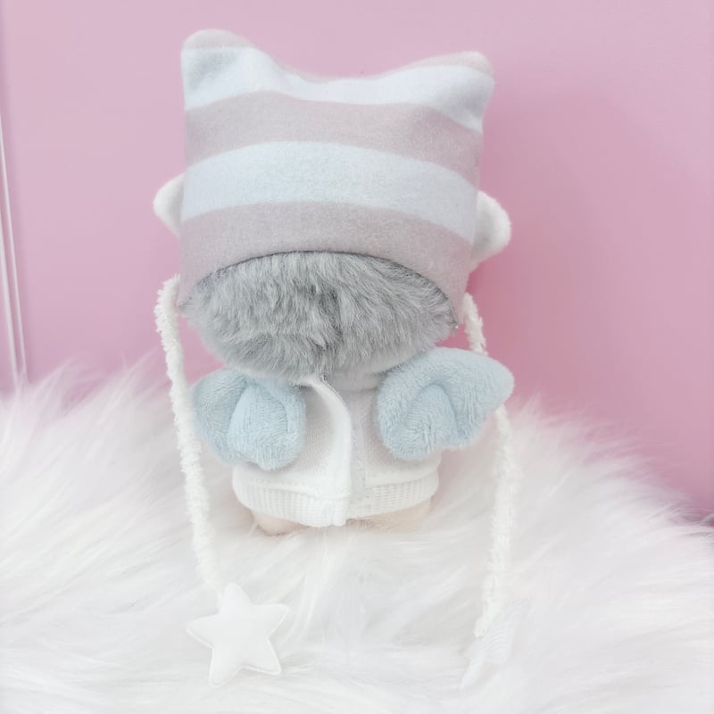 ぬい服 猫耳ニット帽&羽付きスウェットセット 10cm用【推し活 ぬい服 猫耳ニット帽&羽付きスウェットセット 10cm用【推し活