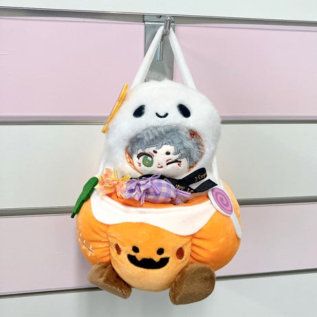 【ぬい服】おばけポンチョ&カボチャバッグセット　10cm用