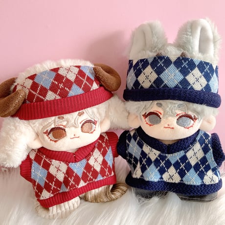 【ぬい服】アーガイル柄セット(ヘッドバンド&ベスト&パンツ)　10cmぬいぐるみ用