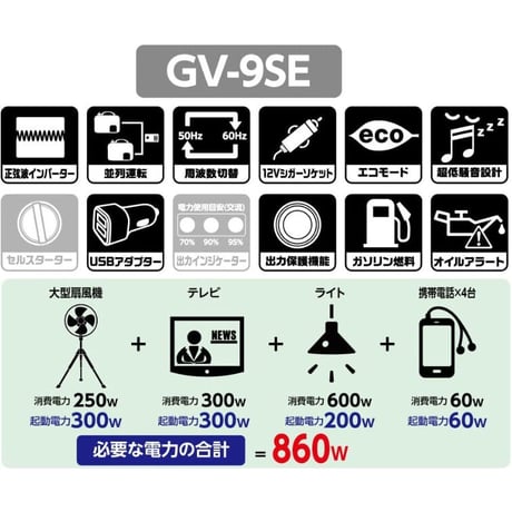 工進　インバーター発電機　GV-9iG　カセットガス