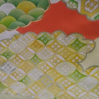 【正絹　洗い済】華やかな雲紋に青海波の振袖駒綸子地A（刺繡有）約36×95ｃｍ　古布　和布