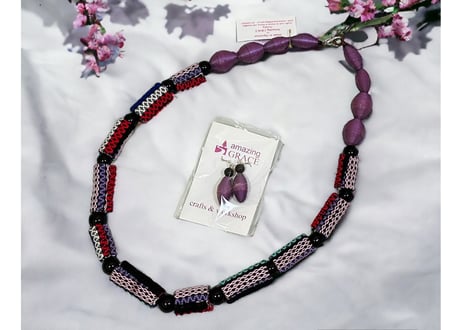 Handmade necklaces and earrings/ ミャンマー布の手作りアクセサリー