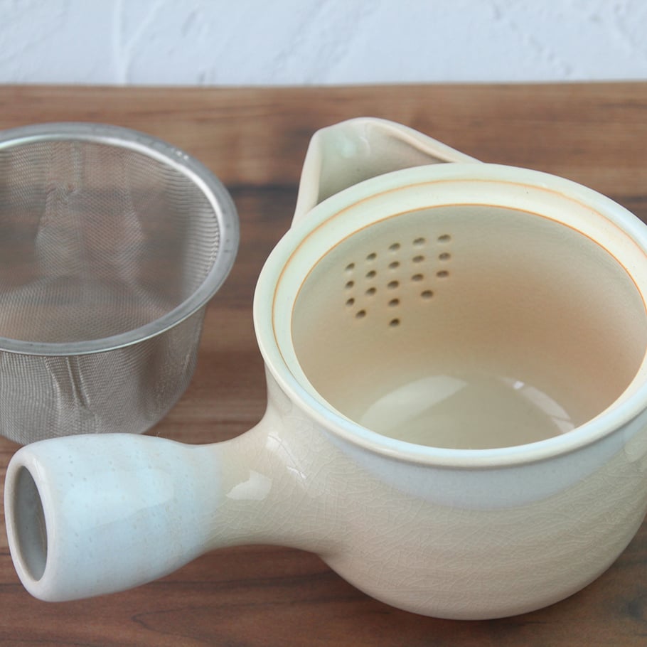 萩焼茶器セット 松綠 特注栃の木お盆付き 萩姫土茶器揃（茶こし付）（化粧箱）｜萩焼窯元 萩陶苑 椿秀窯