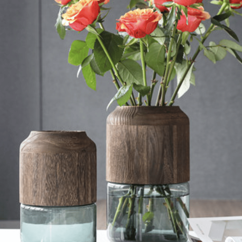 サークルガラスウッドフラワーベース　花瓶　スタイリッシュ　高さ29cm サークルガラスウッドフラワーベース花瓶スタイリッシュ高さ29cm
