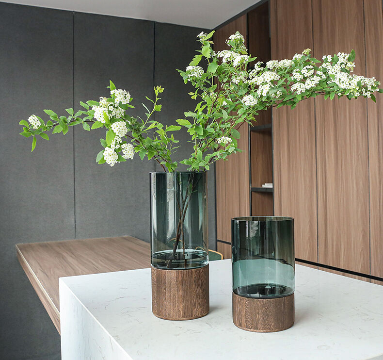 サークルガラスウッドフラワーベース　花瓶　スタイリッシュ　高さ29cm サークルガラスウッドフラワーベース花瓶スタイリッシュ高さ29cm