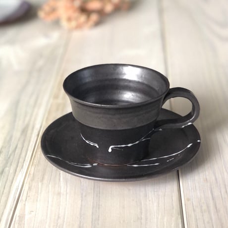 黒釉筆滴コーヒーカップ＆ソーサー(エッジライン）