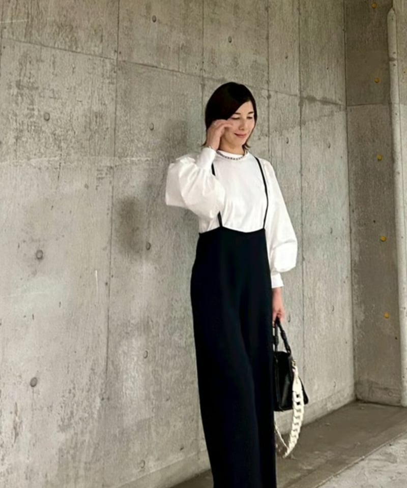 【アナナ】ダブルストラップサロペットパンツ オールインワン ブラック F ワイド アナナ】ダブルストラップサロペットパンツ オールインワン ブラック F