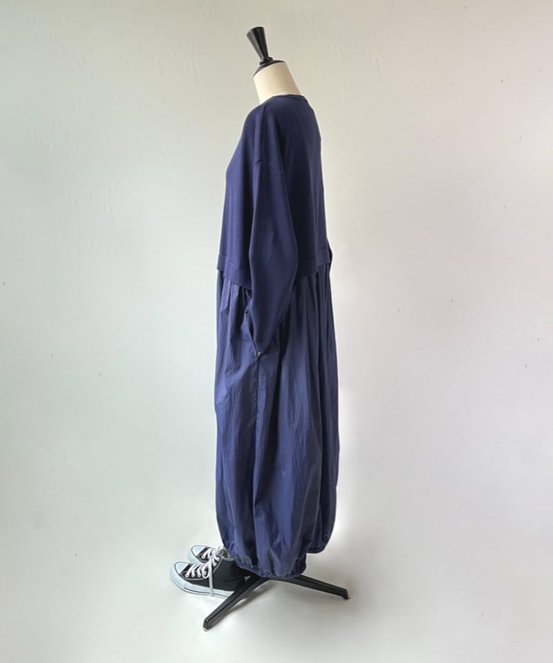 mao made 異素材切替 バルーン ワンピース（ネイビーブルー