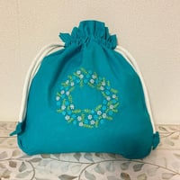 【K-13⑫】コルカタ手刺繍ミニ巾着（エメラルドグリーン）